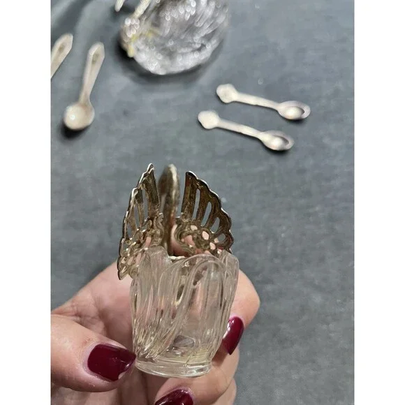 Pair of 3" Large Vtg Germany Silver & Crystal Swan Master Salt Cellars w/Spoons - Picture 10 of 16